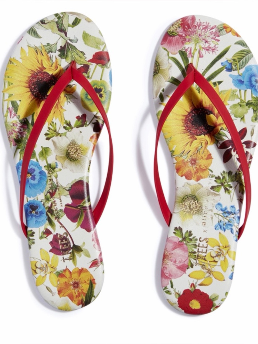 Floral Print Women's Flip Flops with Red Straps